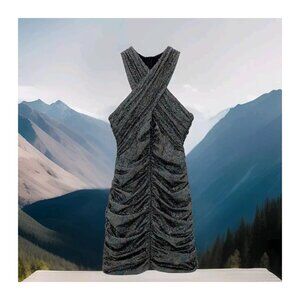 ZARA Women's SMALL Sparkly Draped Ruched DRESS Lined Black Iridescent Bodycon